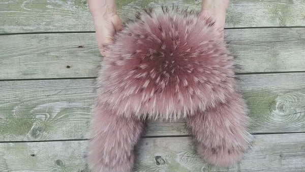Real Fur & Leather Trapper Hat in Dusty Rose, Cozy Winter Hat With Earflaps, Saga Raccoon Fur Bomber Hat, Warm Ushanka, Gift For Girlfriend