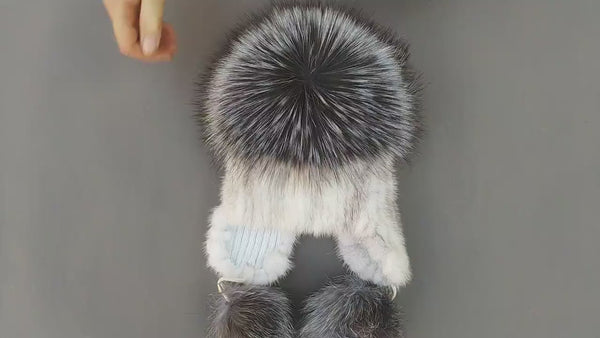 Real Fur Hat with Pom Pom, White Winter Beanie, Mink Hat for Women, Pompom Knitted Beanie, Warm Ear Flaps Hat, Extra Warm Hat For Teen Girl
