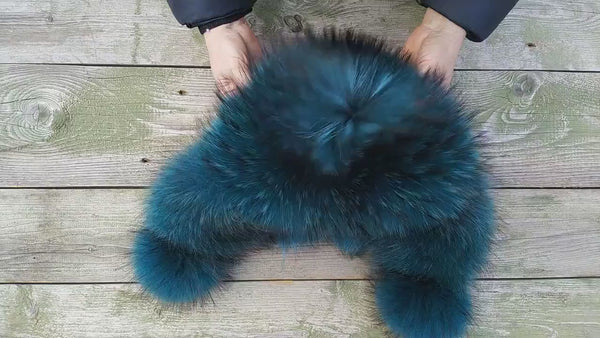 Royal Blue Raccoon Fur Trapper Hat, Fluffy Winter Head Warmer, Real Leather Ushanka, Aviator Hat, Oversized Bomber Hat, Warm Gift for Wife