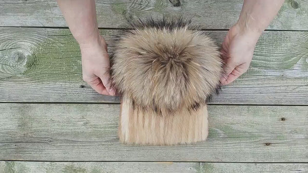 Real Mink Fur Hat with Raccoon Pompom, Fluffy Beige Winter Hat for Women, Handmade Premium Fur Beanie, Warm & Stylish Headwear, Gift for Her