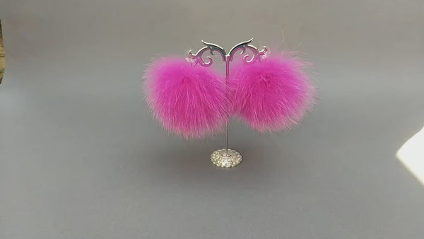 Hot Pink Fluffy Earrings Doll Inspired, Pompom Earrings, Cute Dangle Ball Earrings Women, Puff Jewelry, Real Fur Pom, Bridesmaid Earrings
