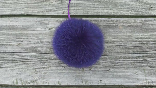 Violet fur pompom for hat, Fur pom poms with ribbons, Pompons for crafts, Purple fluffy bommel, Fuzzy balls, Sewing pom pom, Fur hat Decor