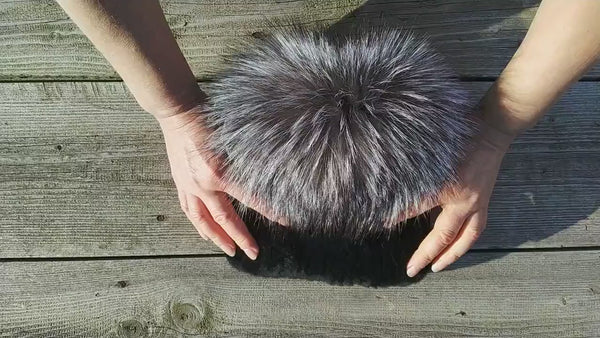 Knitted Rabbit Fur Pom Pom Hat, Women Winter Beanie, Black Fluffy Hat, Set of Hat and Mittens, Stylish Furry Hat For Her, Gift for Sister