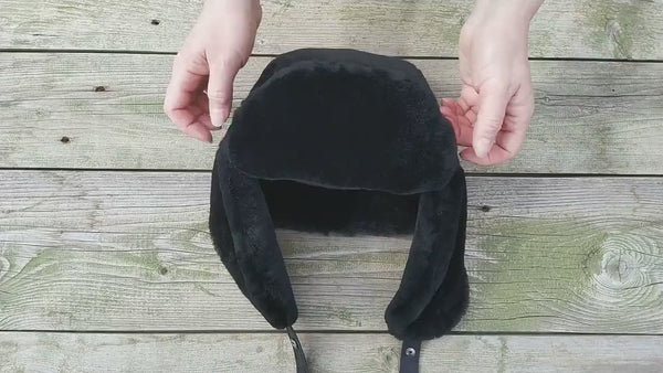 Mens Genuine Sheepskin Fur Ushanka Hat, Black Mouton Fur Winter Trapper Cap, Real Leather Earflap Hat for Cold Weather, Premium Gift for Him