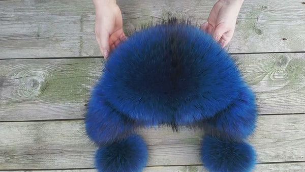 Real Raccoon Blue Fur Hat, Fluffy Trapper Style, Handmade Winter Headwear, Big Pom Poms, Thick Soft Fur, Bold Ushanka for Women, Warm Full F