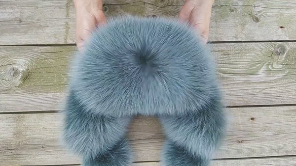 Teal Fur Trapper Hat, Oversized Fox Fur Hat With Ear Flaps, Leather Ushanka,  Women Aviator Hat, Fluffy Head Warmer For Her, Adult Fuzzy Hat