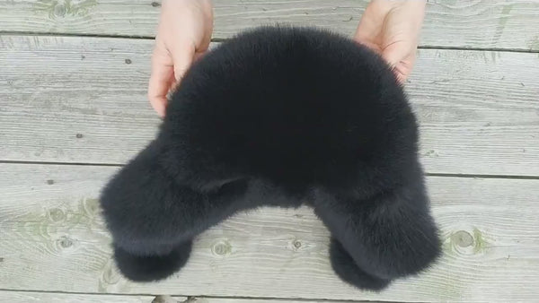 Real fur trapper hat, Black fox fur hat woman, Aviator fur hat, Fluffy head warmer, Winter headwear, Leather ushanka, Fur hat with ear flaps