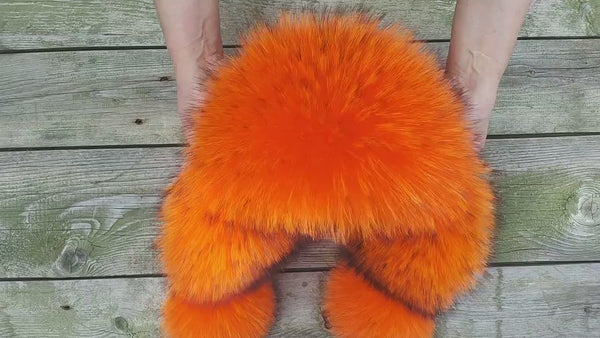 Orange Raccoon Fur Trapper Hat, Fuzzy Hat With Earflaps, Black Leather Aviator Hat, Women Winter Hat, Warm Bomber Hat, Gift For Girlfriend