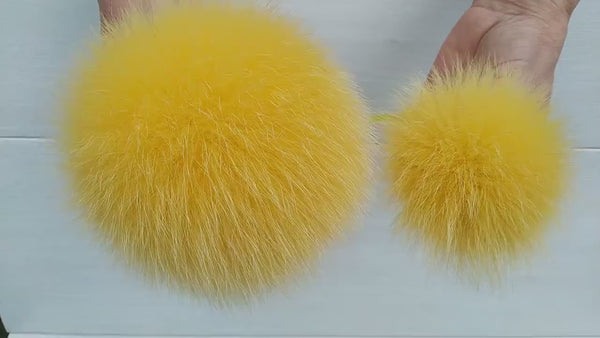 Fur yellow pompom for hat, Mustard detachable pom pom with ribbon, DIY pom pons, Gifts for her, Fluffy ball for baby hat, Fur bommel