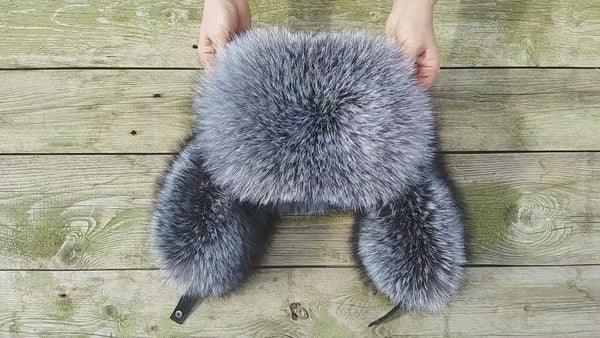 Full Silver Frost Fox Fur Trapper Hat for Men, Genuine Fluffy Fox Fuzzy Hat for Cold Weather, Premium Bomber Hat for Men, Hat with Earflaps