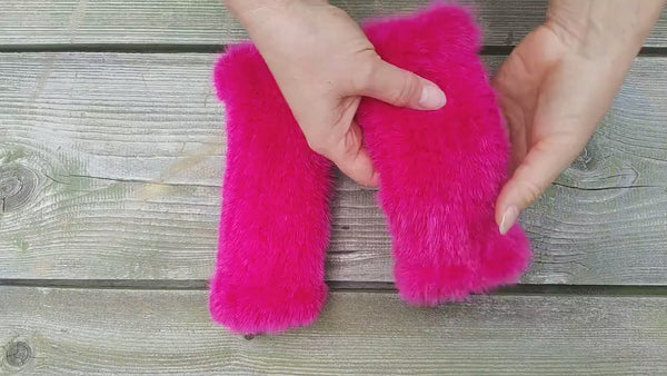 Hot Pink Fingerless Gloves Woman, Real Mink Fingerless Mittens, Fur Arm Warmers, Warm Fur Gloves, Winter Hand Warmers, Birthday Gift for Her