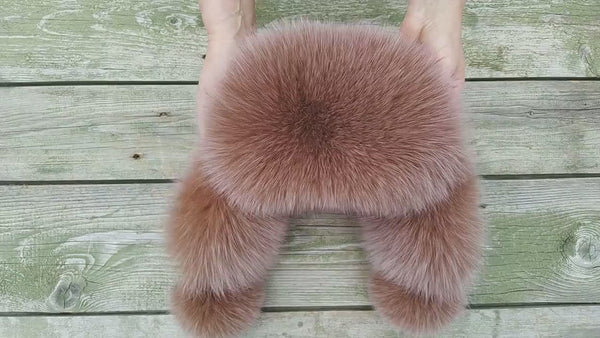 Beige Fox Fur Hat with Ear Flaps, Womens Leather Ushanka, Fur Winter Hat for Her, Warm Fluffy Fur Hat, Fur Trapper Hat for Women, Mom Gift
