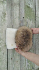 Beige Mink Fur Hat for Women with Raccoon Pompom, Fuzzy Warm Winter Headwear, Fluffy Beanie, Oversized Pompom Hat, Birthday Gift for Sister