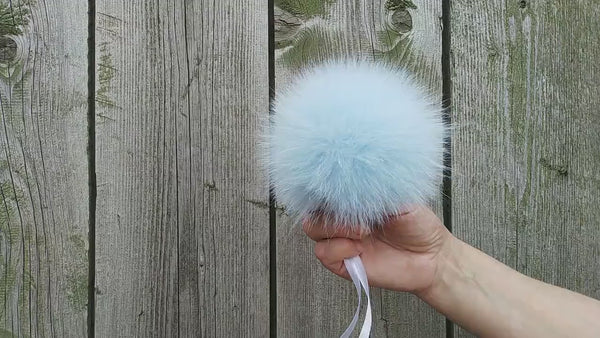 Light Blue Fur Pom Pom, Detachable Pompom For Hat, Large Pom Poms, Sky Blue Fur Ball With Ribbon, Fluffy Bommel, Real Fur Decor For Hat