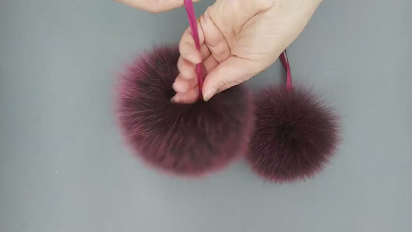 Real Fur Pom Pom for Hat, Burgundy Fluffy Pompom With Ribbon, Large Fox Fur Pom Pon, Furry Ball, Puff Detachable Pompom, Fur Bommel