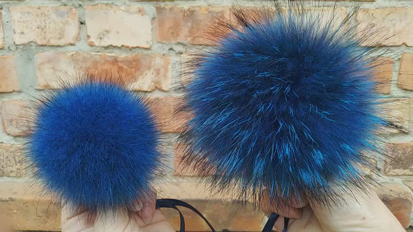 Blue fur pom pom for hat, Raccoon real fur pompoms, Removable fluffy pompon, Hat accessories, Craft supply, Fuzzy bommel with ribbons