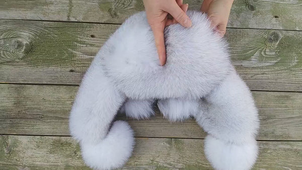 White Real Arctic Fox Fur Trapper Hat with Ear Flaps, One-Piece Winter Women's Hat, Warm Hat, Head Accessory, Cute Bomber Hat, Gift for wife